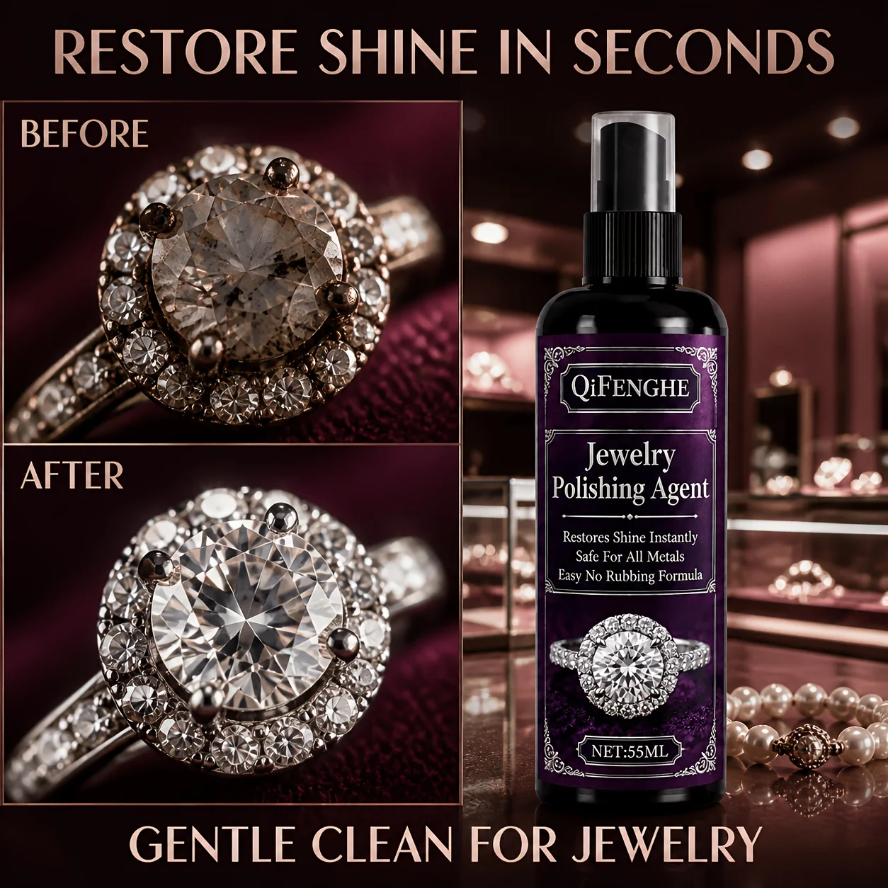 Portable Jewelry Care Spray 1.86oz for Golden Silvery Bracelet Necklace Ring Earrings Pendant Daily Care Deep Cleaning Restorati