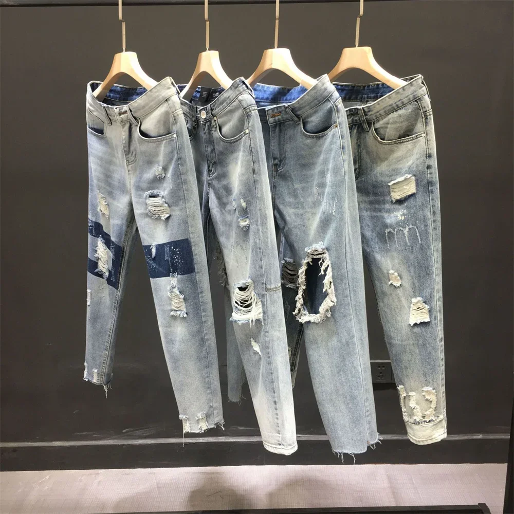 

Holes Jeans Men And Women Summer 2022 High Waist Thin Color Loose Straight Denim Ankle-length Harem Pants Men And Women Jeans
