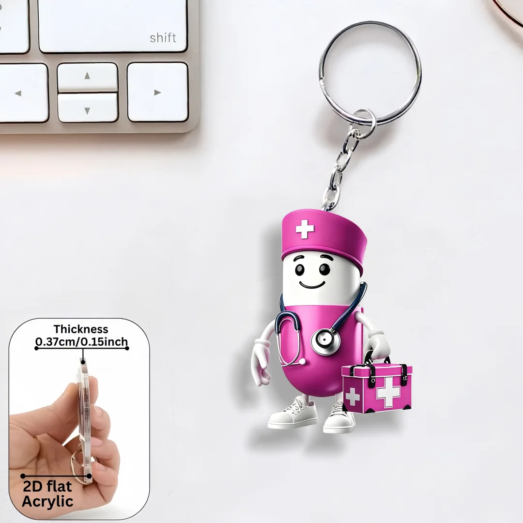 Cute Medical Pills Doctor Keychain,2D Flat Acrylic Pendant,Cartoon Theme Ornament,Bag Charm,Home Trinket,Gift,Festive Decoration