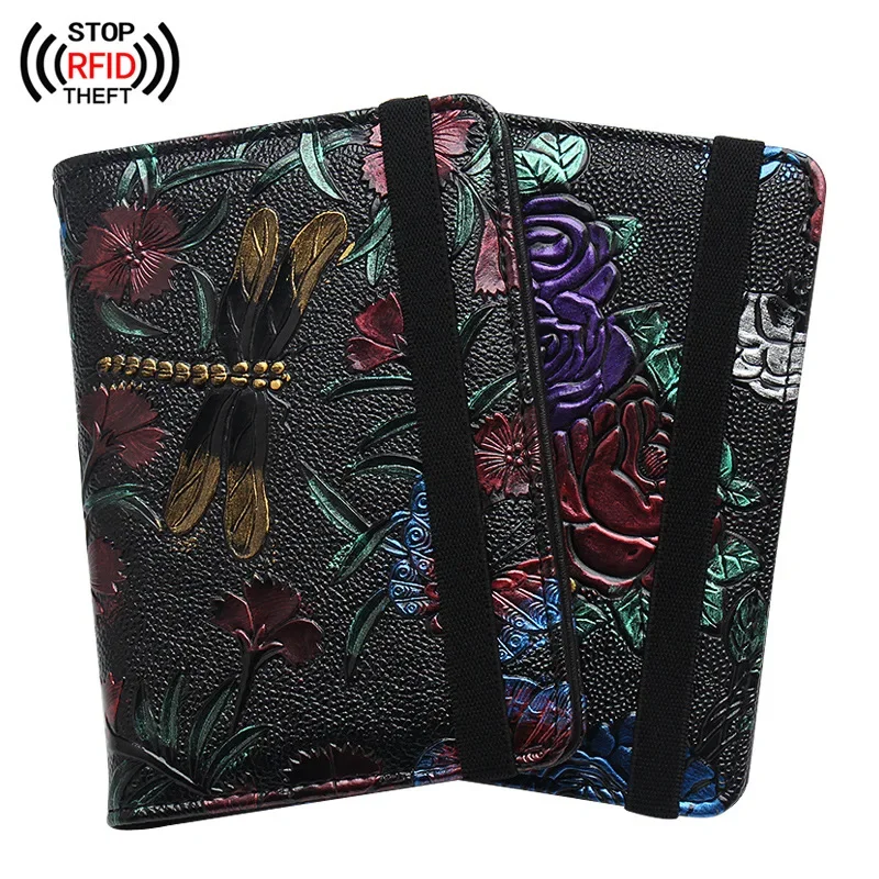 

RFID Passport Cover Hand-Painted Embossed Dragonfly Peony Women Men Travel Credit Card Holder обложка на паспорт