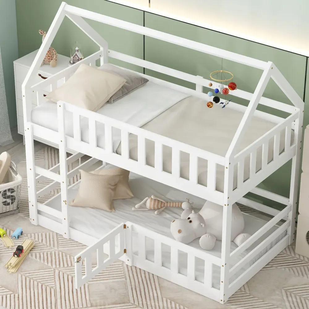 Children Beds Twin Over Twin House Bunk Bed with Fence and Door, White Bunk Beds for Kids Twin Bed  Baby Furniture Wooden Bed US