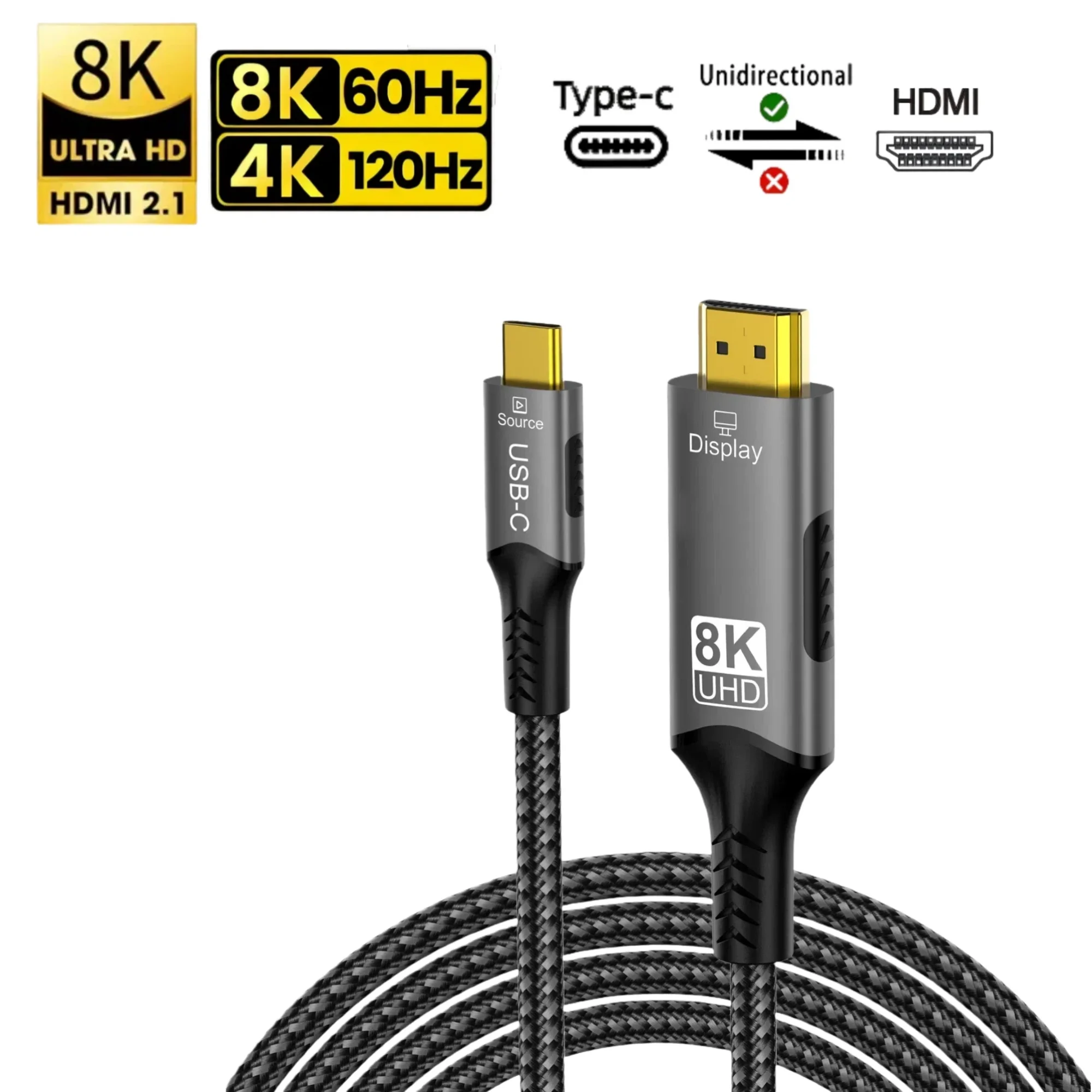 8K@60hz USB C auf HDMI Kabel Typ C auf HDMI 2.1 8K 4K@120hz 48Gbps HDR HDCP für Thunderbolt 4/3,iPhone 16/15 Pro Max Galaxy