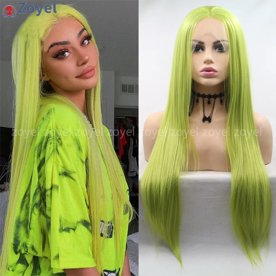 

Olive Green Silky Straight Synthetic Lace Front Wig Free Part Lime Green Colored Heat Resistant Fiber Wigs for Women Party Cospl
