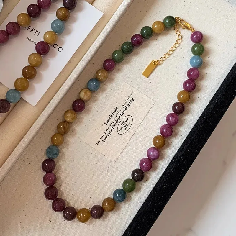 

YISON 100% Natural Colorful Tourmaline Stone Neckalce for Women Beads Chain Jewelry Birthday Party Gifts