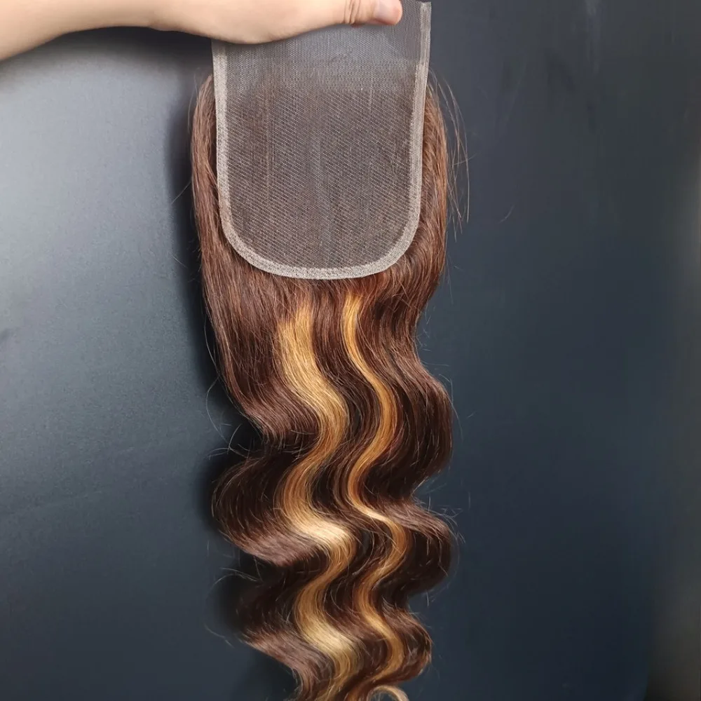 12AグレードP427 4x4レースクロージャー ハイライト ボディウェーブ 人毛クロージャー 生え際処理済み 10～22インチ ブラジリアンバージンヘア フリーパート