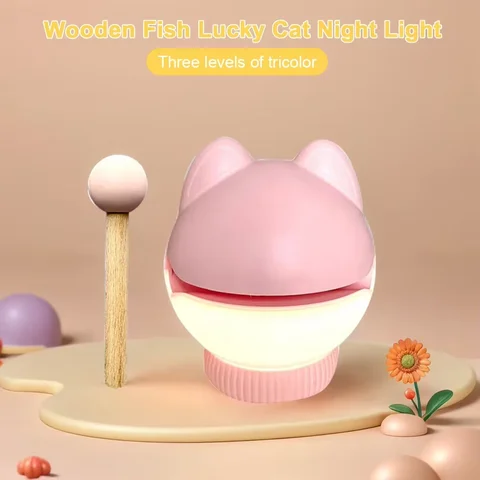 나무 물고기 타악기가 있는 귀여운 LED 조명, 스트레스 해소 기능, 침실과 거실용 야간 조명, 고양이 귀, 신제품