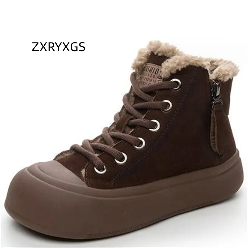 ZXRYXGS Top Cowhide High Top Leather Boots Trend Shoes Woman Sneakers 2023 Winter Lamb Wool Snow Boots Fashion Casual Boot Flat