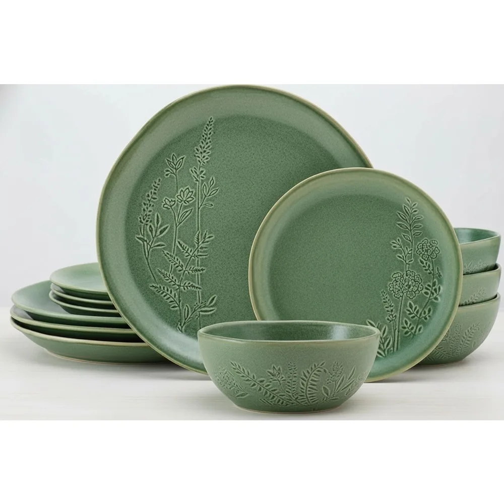 

Elegant Green Floral Dinnerware Set for 4, 12-Piece Stoneware Plates & Bowls, Dishwasher & Microwave Safe