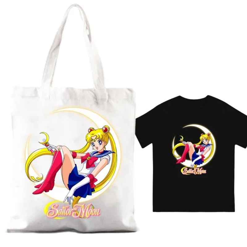 Bilibili S-Sailor Girl Cute M-Moon damskie torebki na ramię para kombinacja ubrań z krótkim rękawem z kołnierzem moda T shirt Man bawełna