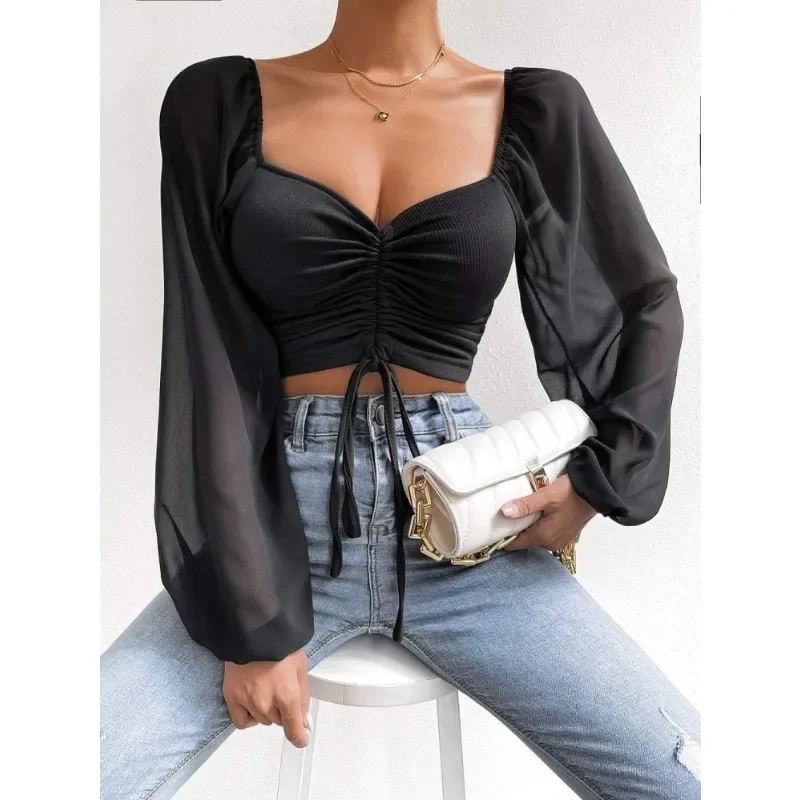 European and American Women's 2024 Low-cut Sexy V-neck Splicing Chiffon Drawstring Lantern Sleeve Slim-fit Blouse Womens Tops