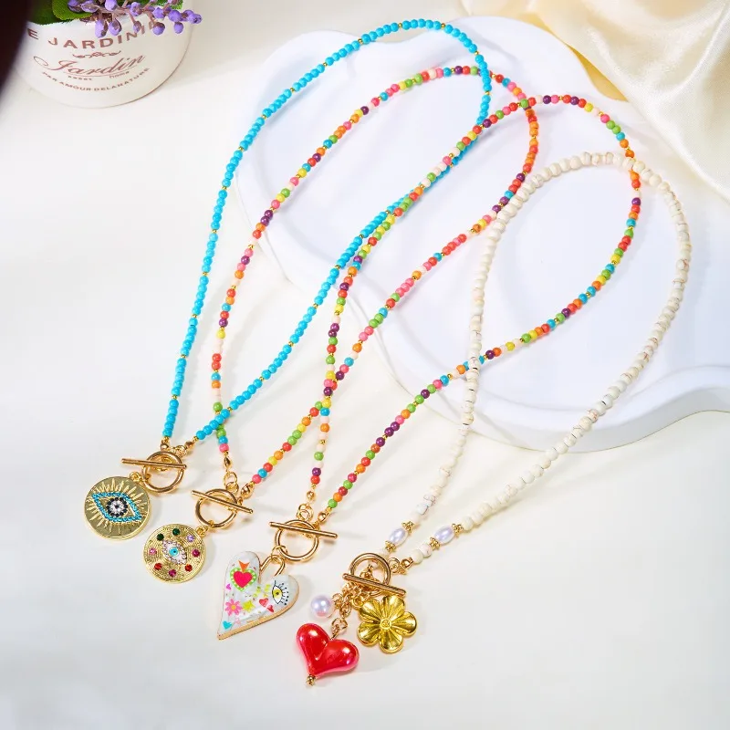 

Colorful bead necklace, children's fun cartoon necklace, dopamine flower love, OT buckle, turquoise collarbone chain