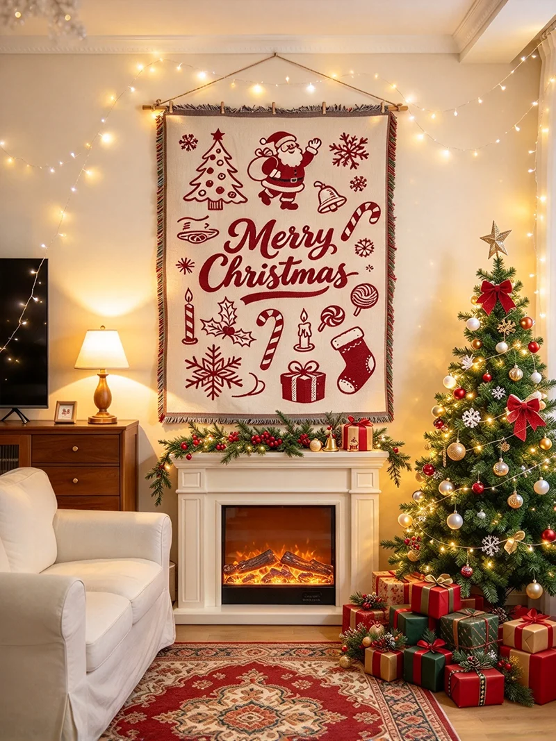 1Pc Wall Tapestry Christmas Woven, Fringe Edges Reusable Wall Decor Xmas Living Room Fireplace Home Wall Retro Christmas Style