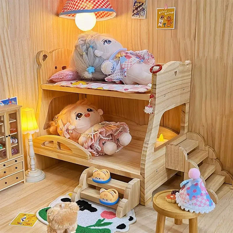 Tempat Tidur Kayu Mini untuk 20Cm Boneka Katun Berdandan Dekorasi Ruangan Miniatur untuk Boneka BJD Aksesori Labubu Mainan Rumah Boneka untuk Hadiah Anak-anak
