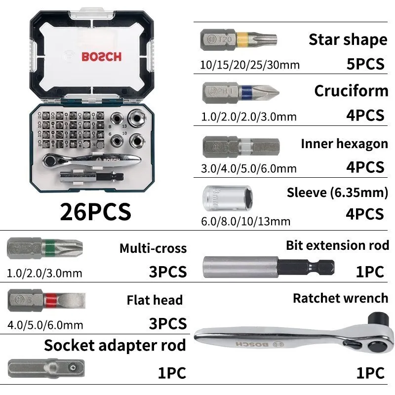 BOSCH 26 PCS Ratchet Wrench Set for Electric Screwdriver Hand Electric Head Driver Head Head Ratchet Wrench Tool Set