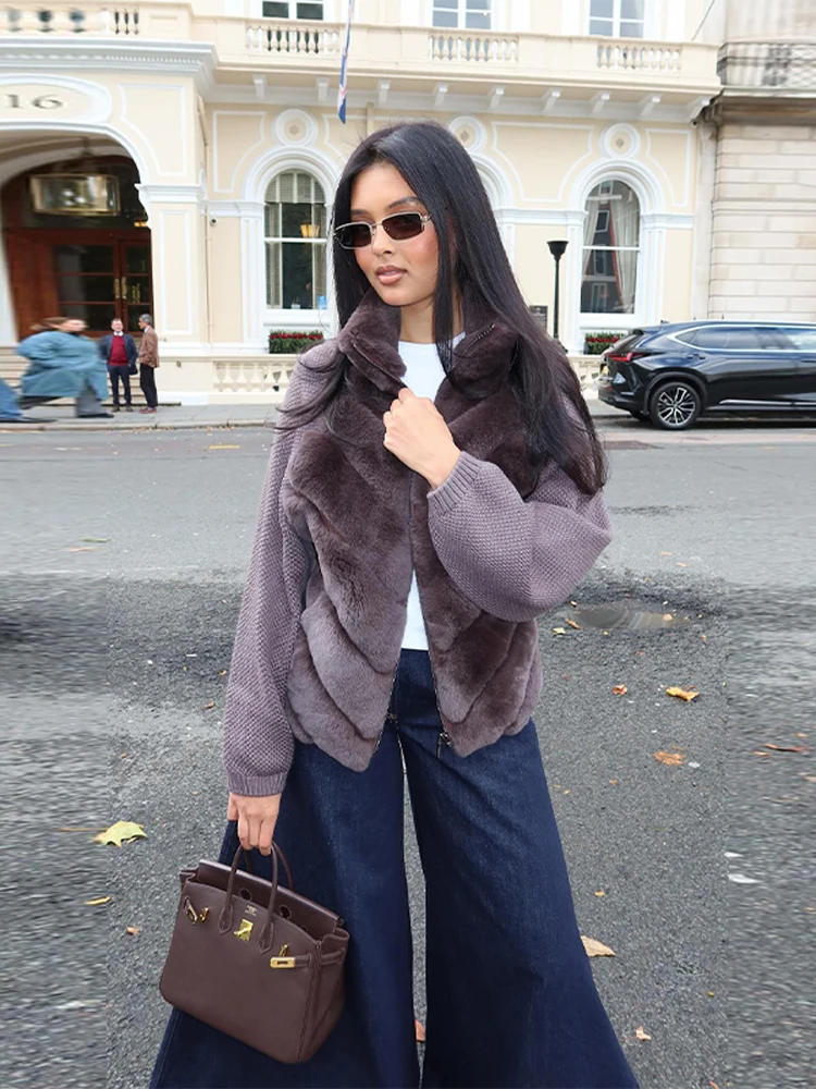 Kunstpelz-Patchwork-Damen-Wintermantel, luxuriöser Stehkragen, Reißverschlussjacke, Spleißen, Strickärmel, Oberbekleidung, 2025, neue Damenmäntel