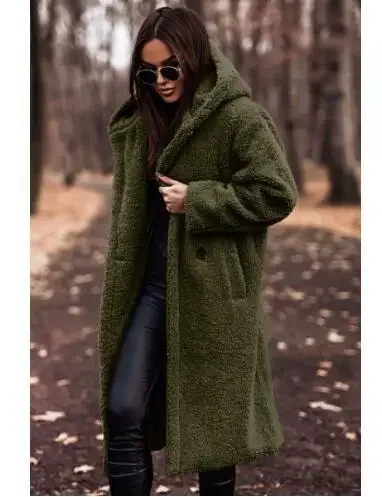 Women\'s Autumn and Winter New Fashion Woolen Coat Solid Color Loose Long-sleeved Casual Woolen Hooded Single-button Long Coat