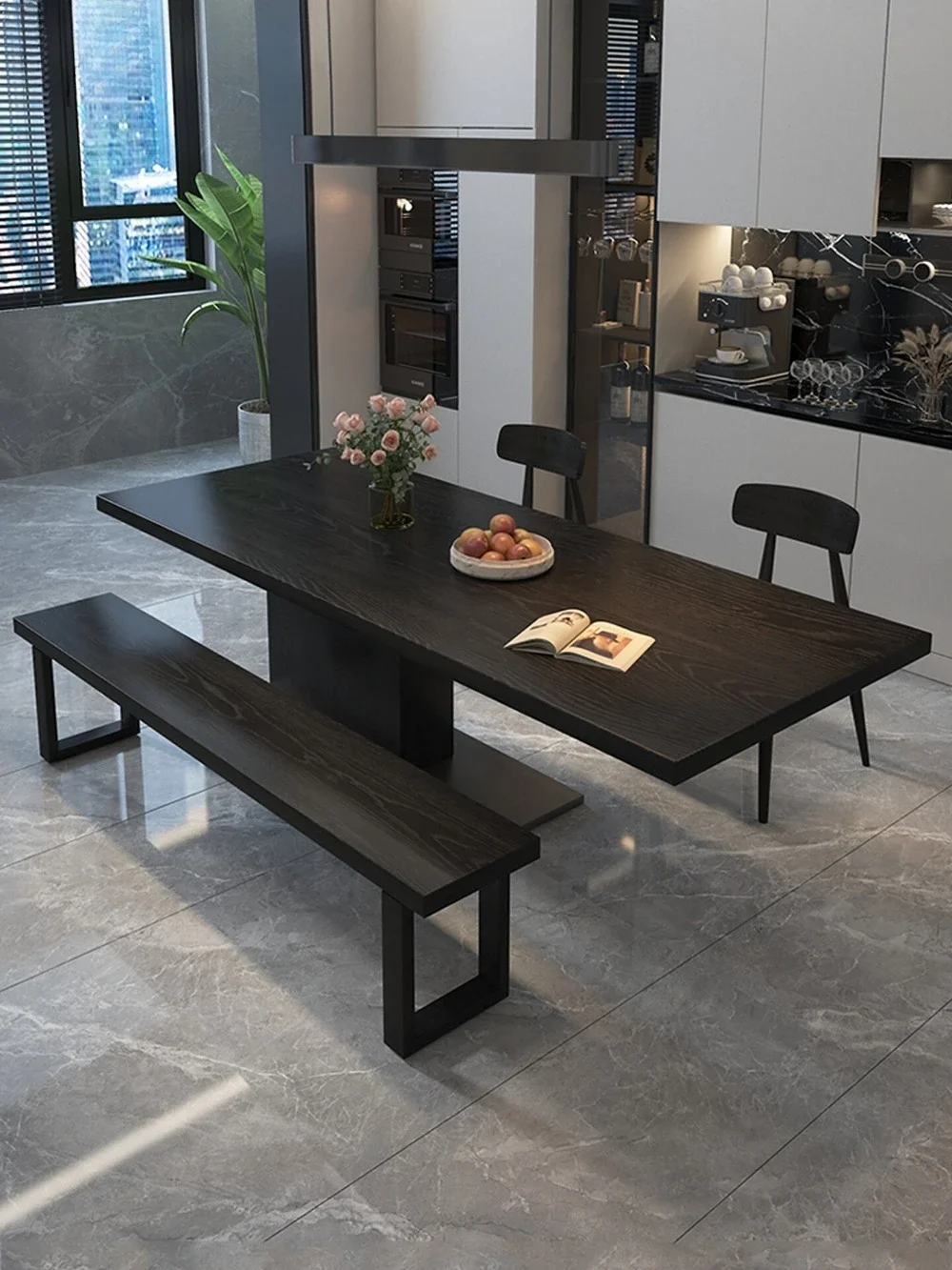 French black solid wood dining table household small apartment light luxury large board eating table and customer integration