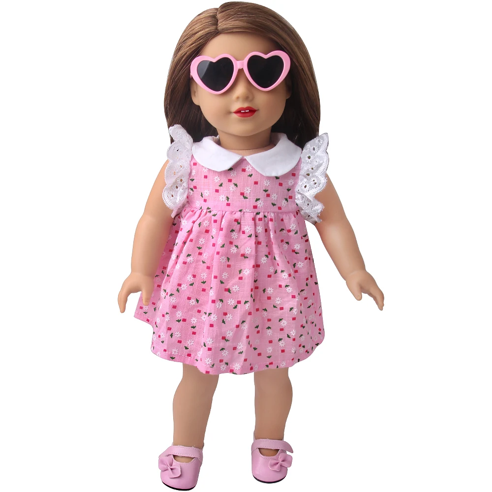 Robe d'été mignonne à fleurs roses, robes de poupée américaine de 18 pouces pour filles de 43 cm, accessoires pour vêtements de poupées