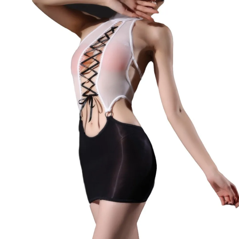 Sexy Women Bandage Oil Glossy Shiny Micro Mini Dress Backless Bodycon Tight Dress Sheer See Through Cosplay Maid Elastic Dress