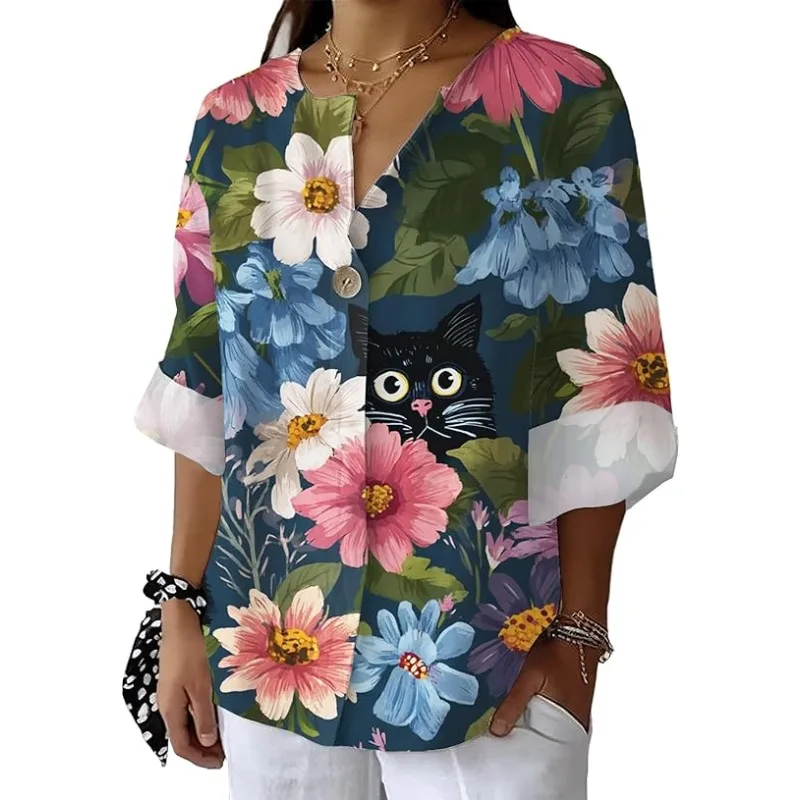 

Women's Long Sleeve Boho Shirt Button V-Neck Vintage Floral Women's Top Women's Shirt Dressy Casual Pattern Fashion Shirt
