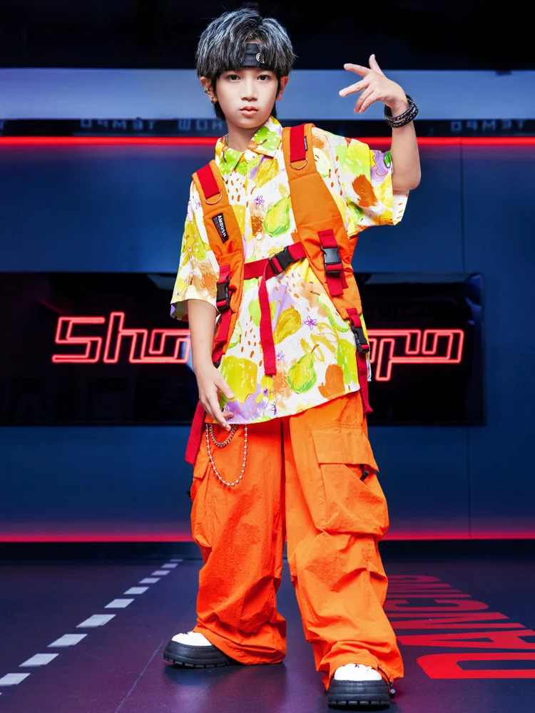 子供用KPOPヒップホップ服オレンジベストフルーツプリントシャツトップカジュアルパラシュートカーゴパンツ女の子男の子ジャズダンスコスチューム服