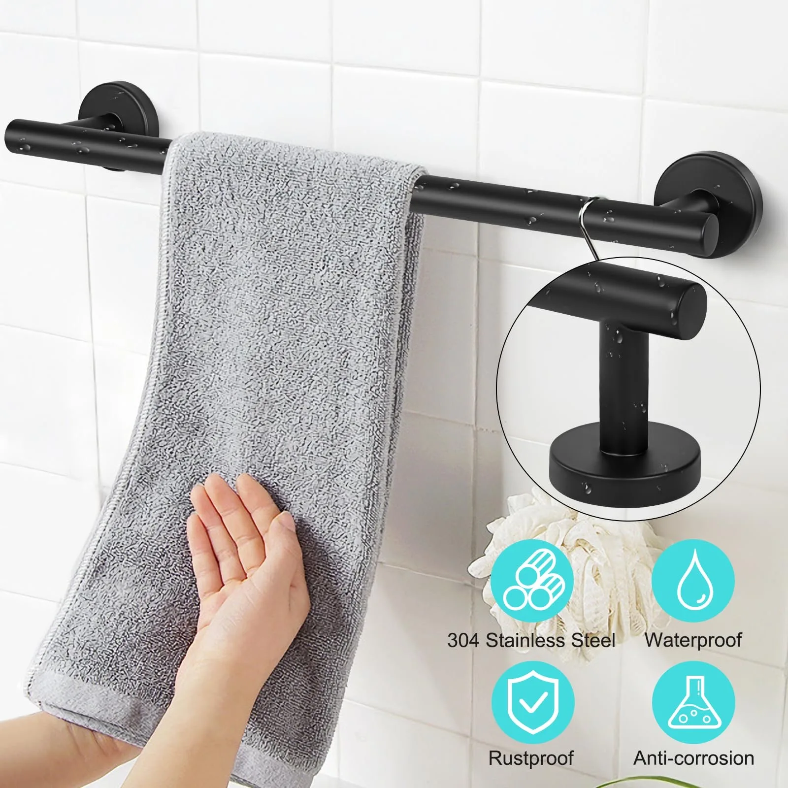 40 cm Negro mate Barra de toalla Montado en la pared Acero inoxidable Toallero Baño Barra de rieles de la rejilla de toallas Moderno Accesorios para baño