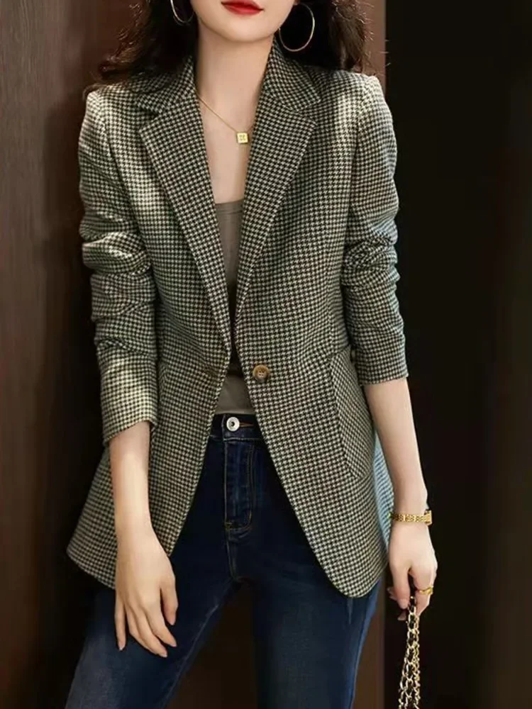 

Plaid Women's Blazers Single Button Business Vintage Elegant Solid Color Long Sleeve Casual Sweet Coats Autumn R143