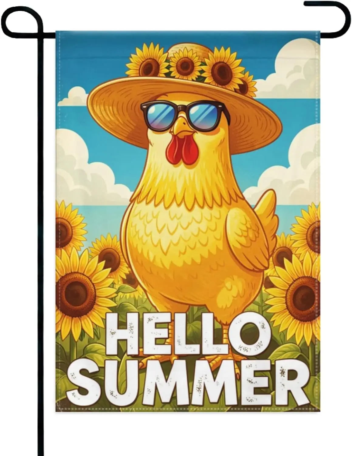Hello Summer Chicken Garden Flag 12x18 Inch Double Sided – Funny Cool Rooster with Sunglasses & Sunflower Yard Decoratio jjp