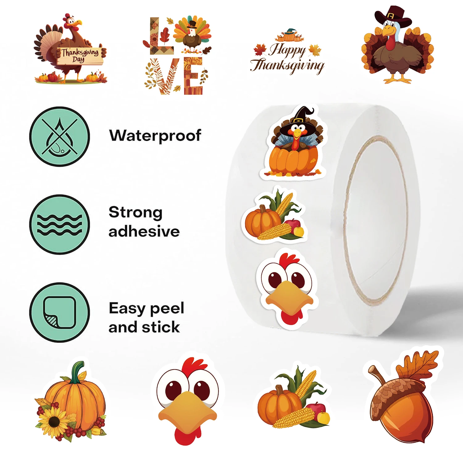 500 قطعة من ملصقات عيد الشكر وأعواد الطبل التركية وملصقات حصاد الخريف على شكل يقطين بألوان متنوعة، مثالية للهدايا
