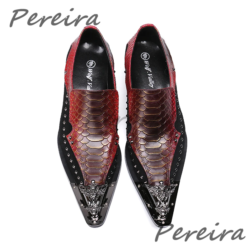 Мужская обувь с железным острым носком, модные деловые модельные туфли из коровьей кожи с заклепками и змеиным узором, лоскутные вечерние свадебные туфли ручной работы