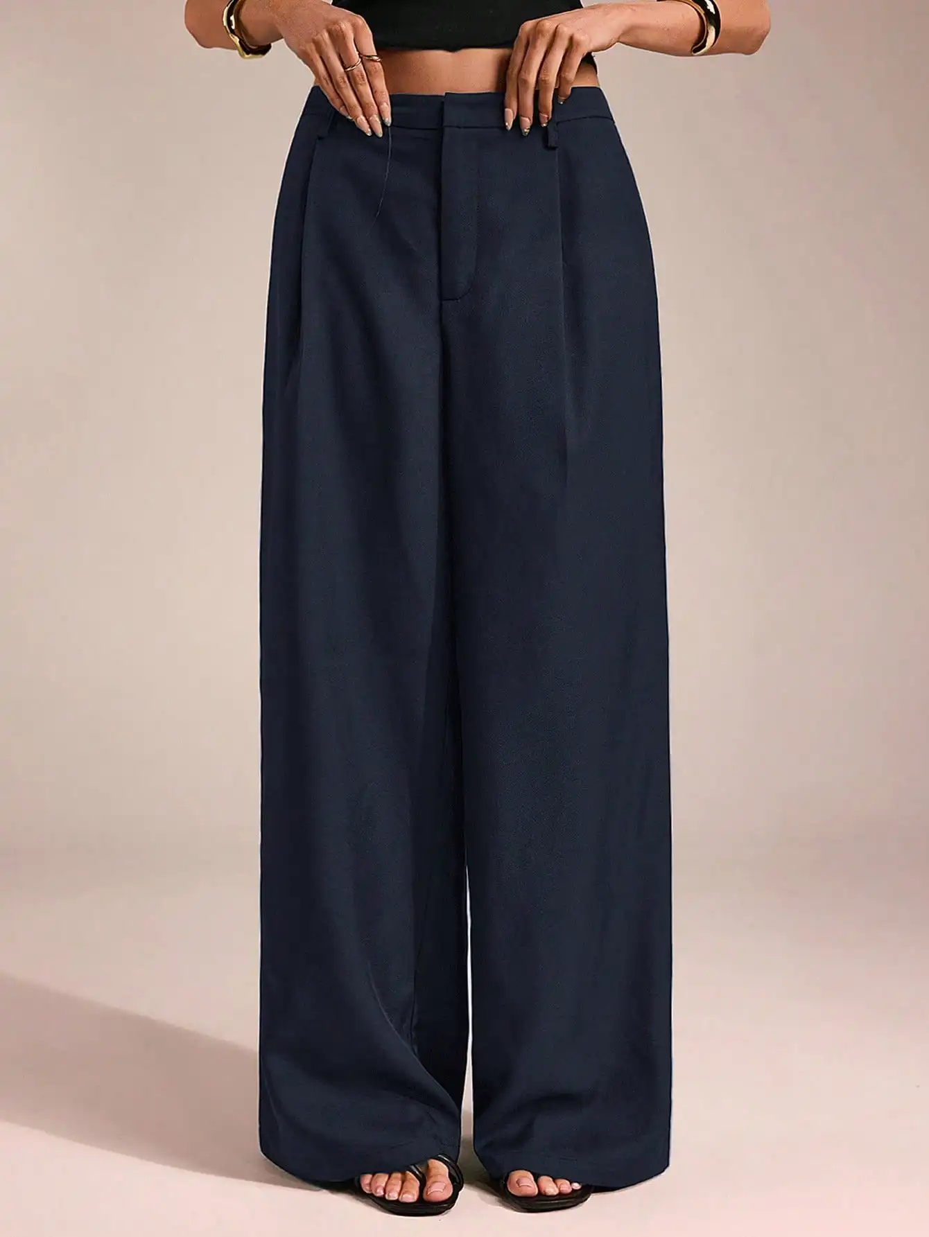 

Широкие брюки для женщин, деловой повседневный стиль, офисная одежда, темно-синие, полной длины, свободного кроя