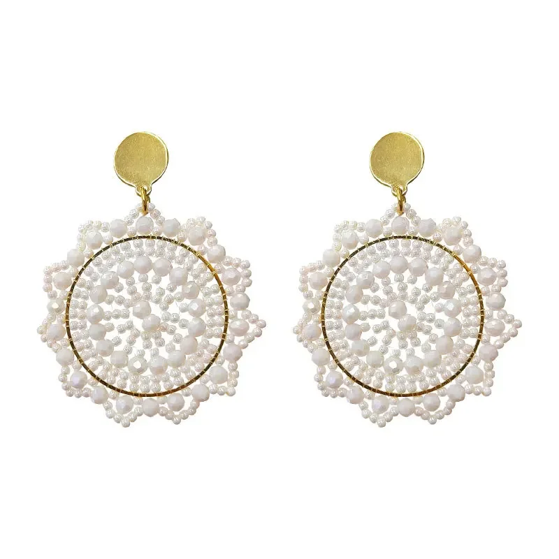 Bohemia Rice bead earrings Circle Off-white Crystal Personality Female Hand weaving Alloy Ethnic style Beaded earrings