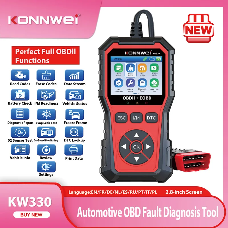2026 KONNWEI KW330 자동차 OBD2 결함 스캐너 엔진 배터리 테스트 결함 코드 삭제 실시간 데이터 전문 OBD 검사 도구