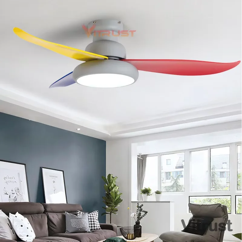 Low Floor LED Ceiling Fan Lamp Lights Roof Fans Chandelier Lamp Remote Controller Modern Ventilator Dining Room Bedroom Living