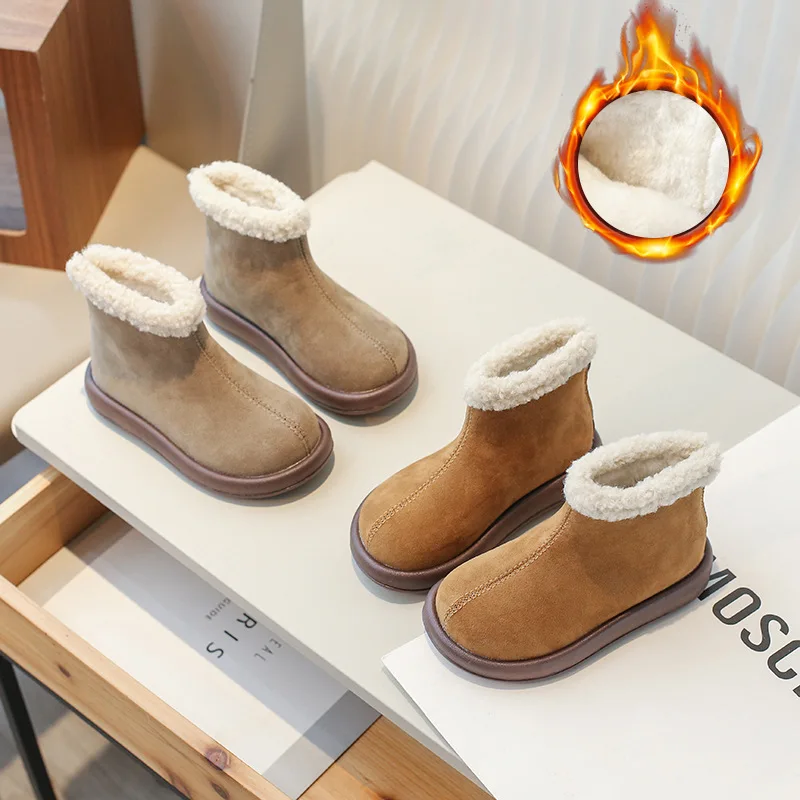 Girls warm plush Snow Boots for Winter Children's cotton boots 2 3 4 5 6 7 8 9Years Old Kids Ankle Booties Thicken Brown Khaki