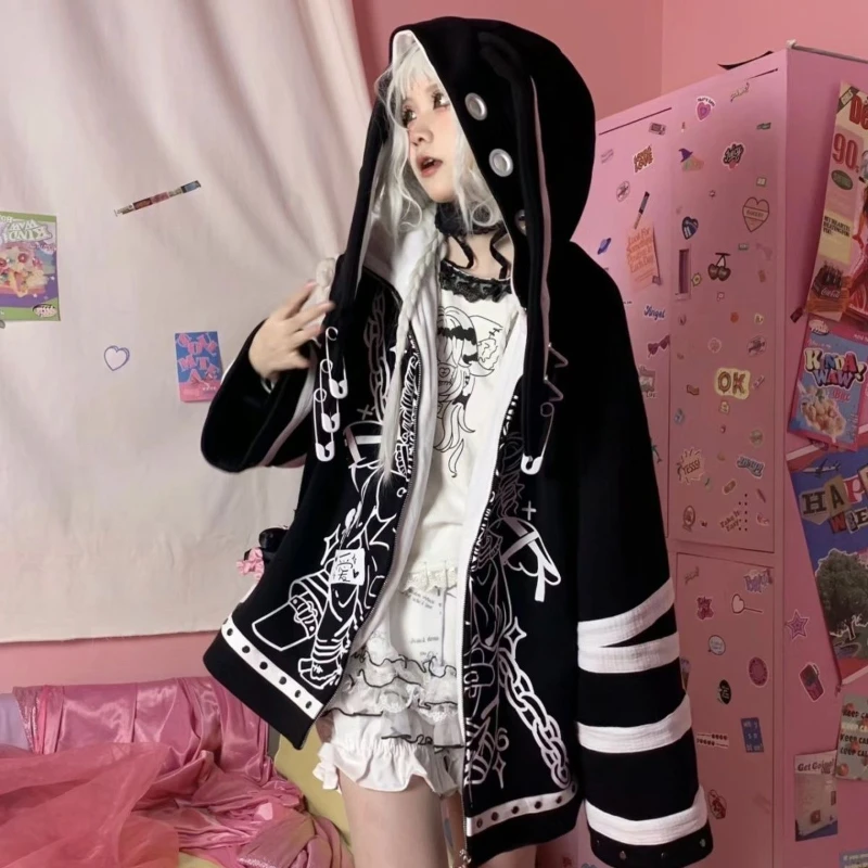 Japanese Kawaii Hooded Hoodies Women Vintage Y2k Aesthetic Oversized Zipper Streetwear Tops Harajuku Grunge Cartoon Sweatshirt