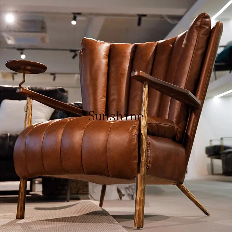 

Medieval single sofa chair retro oil wax leather wrought iron forging chair FT