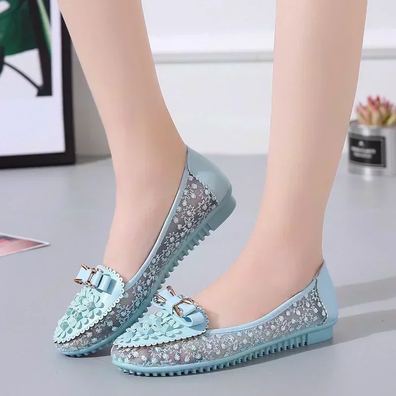 2024 New Summer Slip-on Women's Shoes Breathable Women's Flat Shoes Mesh Loafers Flat Applique Bow Tie Soft Sole Shoes