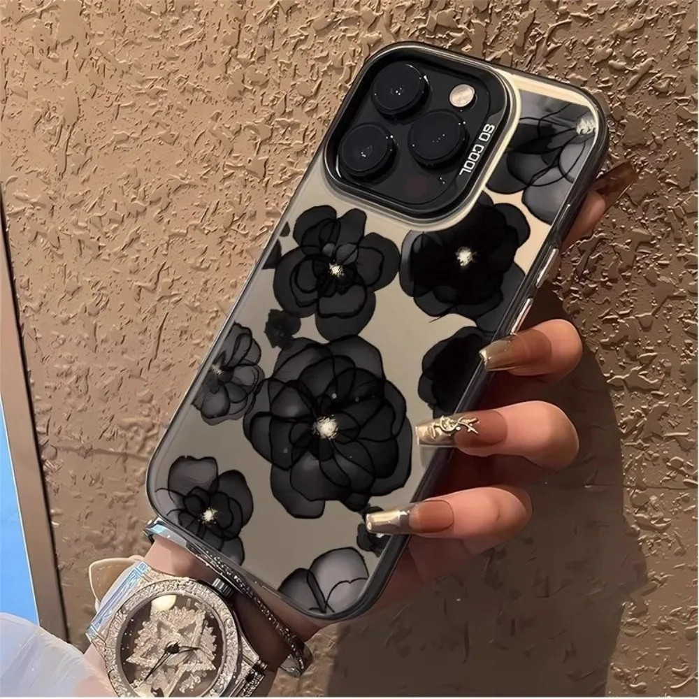 

Black flowers phone case for iPhone 16 15 14 13 12 11 Pro/ Max/Plus shock-proof rear cover anti-fingerprint