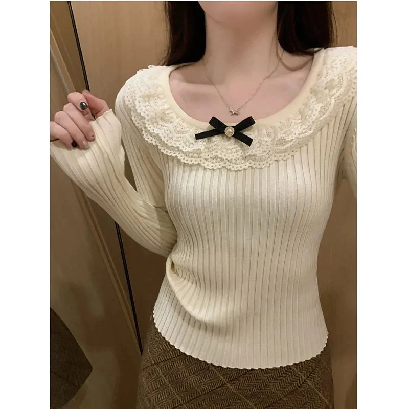 

Knitted Sweater Women Bow Lace Spliced Round Neck Slim Base Pullover Spring Sweet Tight Long Sleeve Short Sueter Mujer