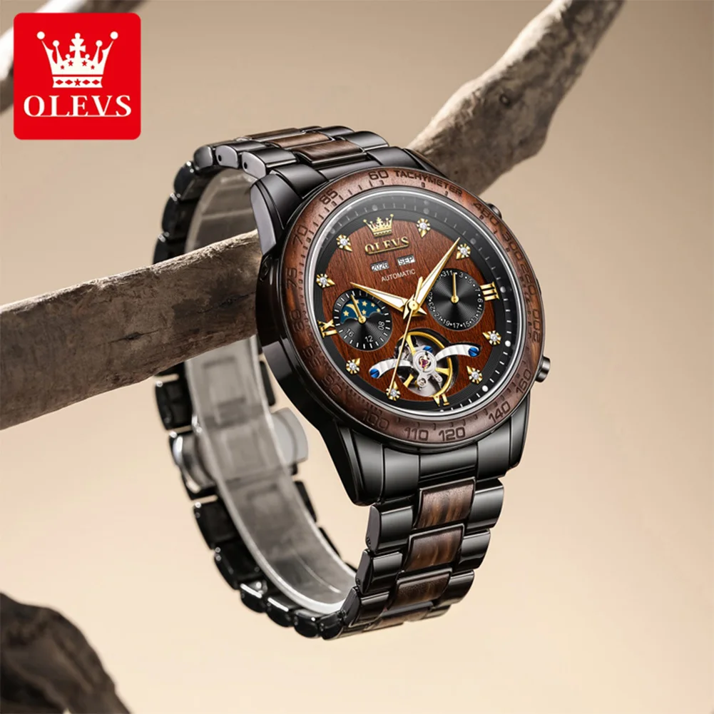 OLEVS 3751 Original Men's Watch Luminous Moon Phase Date Skeleton Flywheel Automatic Mechanical Man Wristwatch High Quality