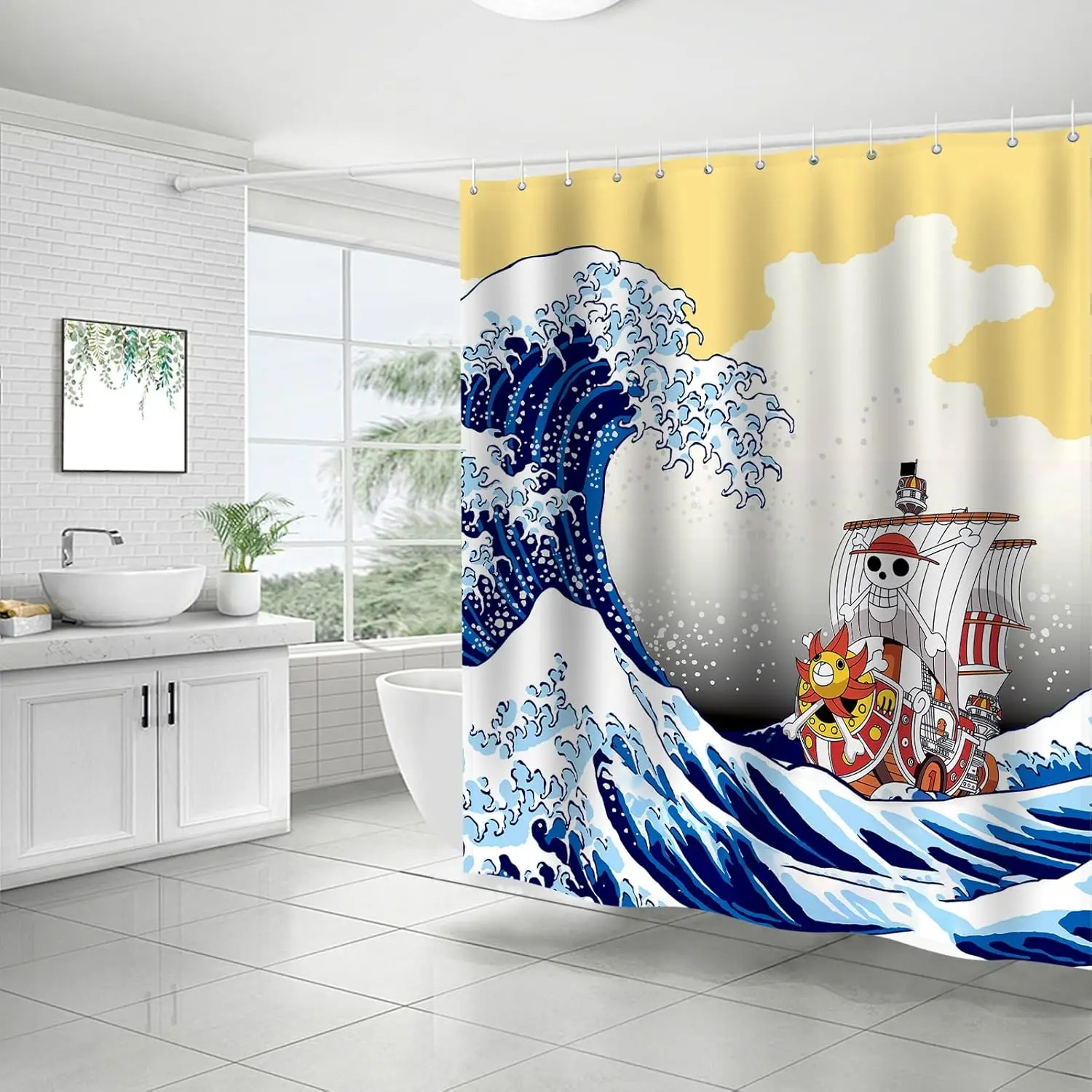Anime Shower Curtain - Thousand Sunny, Oda's Art Ukiyo-e, Waterproof Polyester, 12 Hooks, Bathroom Decor