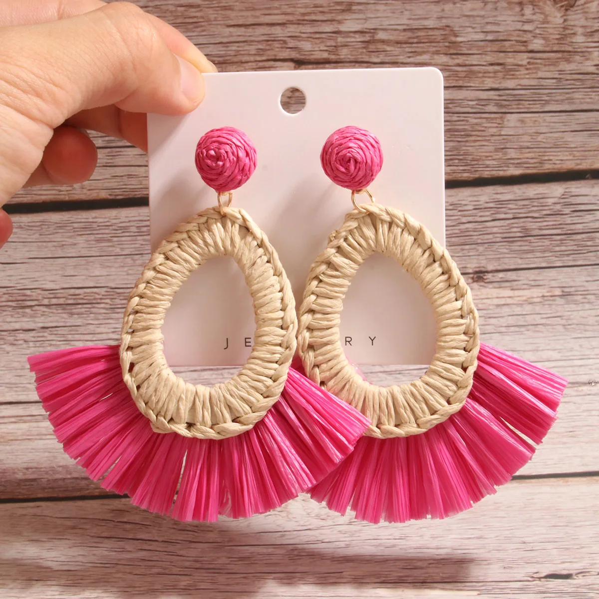 Handmade Raffia Drop Earrings Bohemian Geometric Round Square Dangle Earring Natural Rattan for Women Vacation Jewelry