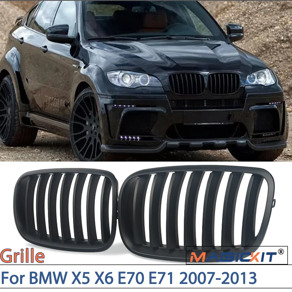 

MAGICKIT Front Kidney Grilles Vent Pair For BMW X5 X6 E70 E71 2007-2013 Matte Black Grill One Pair Front Grilles CAR Accessories