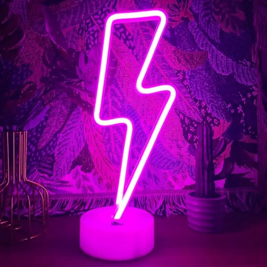 Lightning Bolt Neon Sign With Base for Bedroom, USB/Battery Thunder Lamp Night Light, LED Shaped Decor for Desk Table Game Room