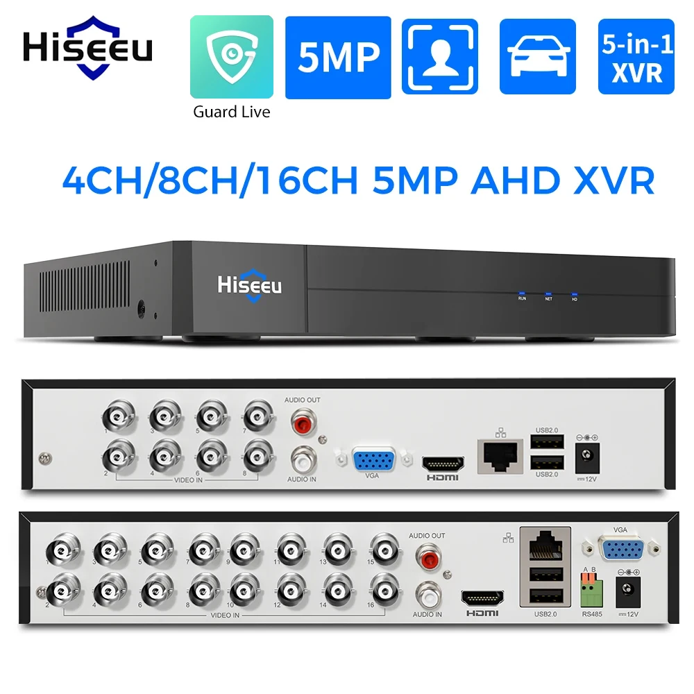 Hiseeu 5MP 4CH 8CH 16CH 5 IN1 XVR for AHD Analog TVI CVI CVBS Camera NVR For IP Cameras Vehicle/Face/Motion Detection Guard Live