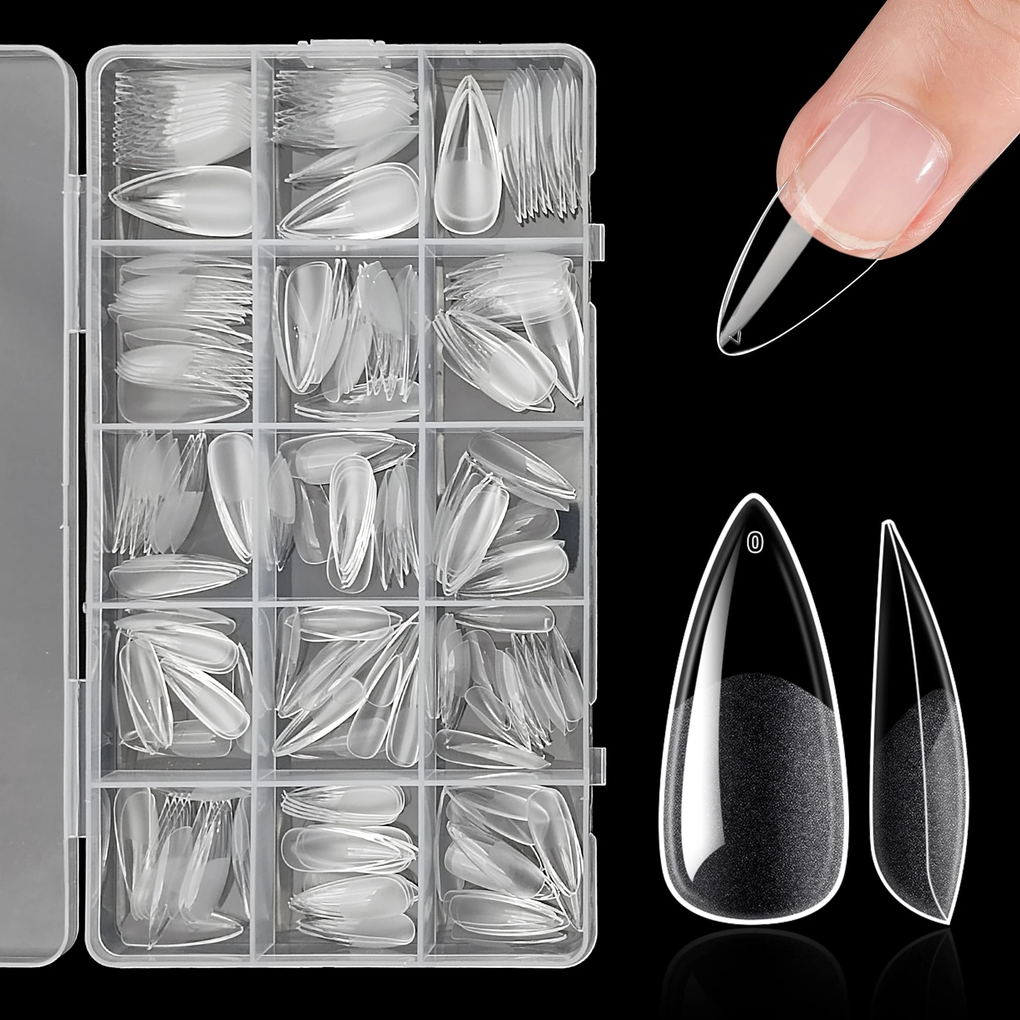 240/330pcs Medium Stiletto Nail Tips 15 Sizes Press-On Full Cover Pre-Matte Stiletto Gel Press-On Nails for Quick Manicure