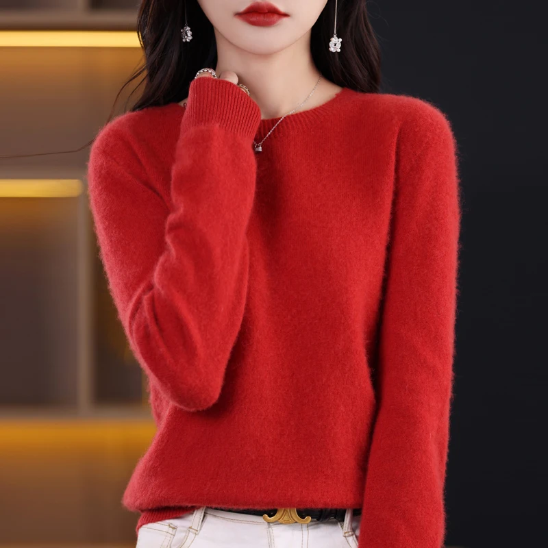 100%Pure Wool Sweater Women\'s Casual Knitted Pullover Autumn and Winter Soft and Warm Hot Wool Long-Sleeved Basic Round Neck Top