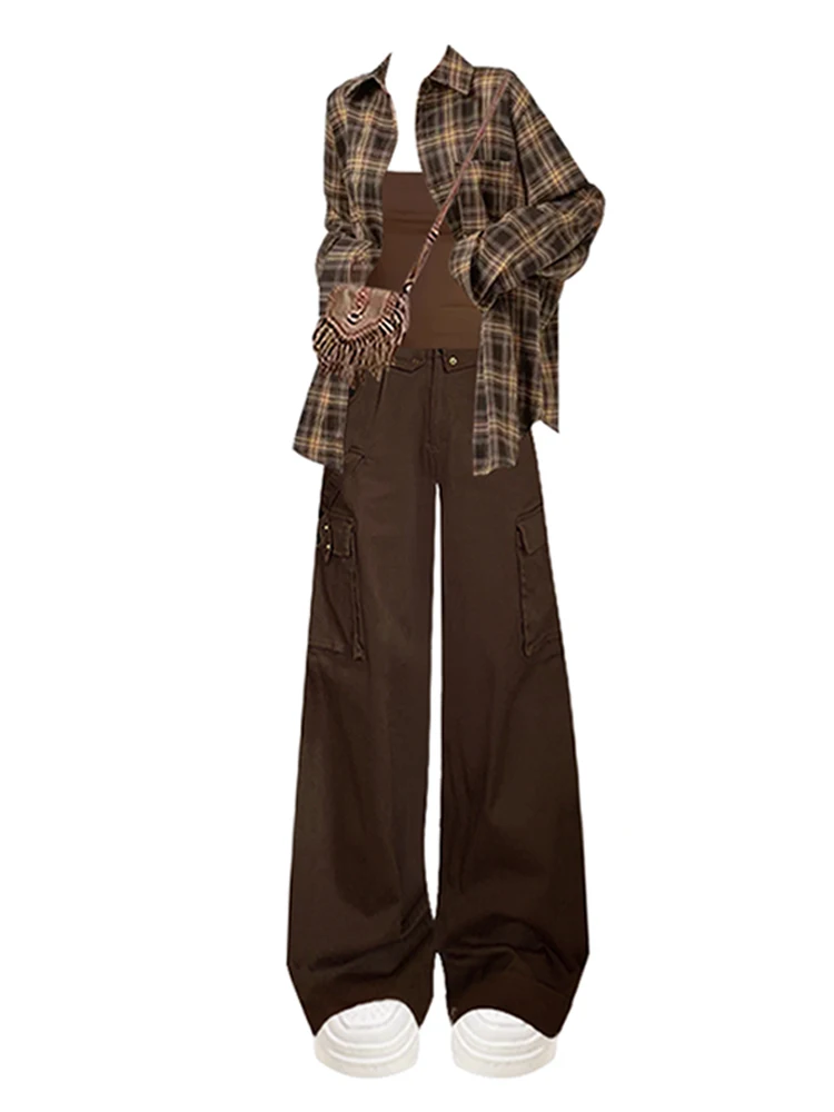 Early Autumn Plaid irt Women's Strap Vest Straight Leg Workwear Pants Desert Wind Set American Sle Long Sve V-ne irt