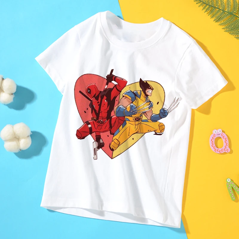 New Deadpool and Wolverine Kids T-shirts Marvel Cartoon Graphic T Shirts Boys Girls Cotton Short Sleeves Tops Children Clothing